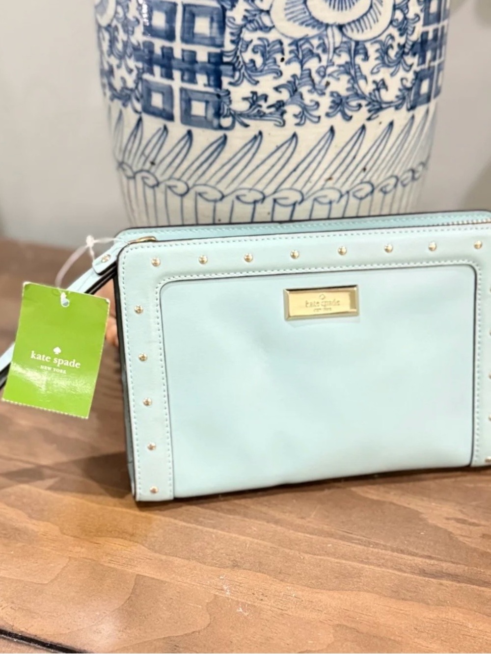 kate spade Mint Leather Studded Wristlet with Gold Plaque